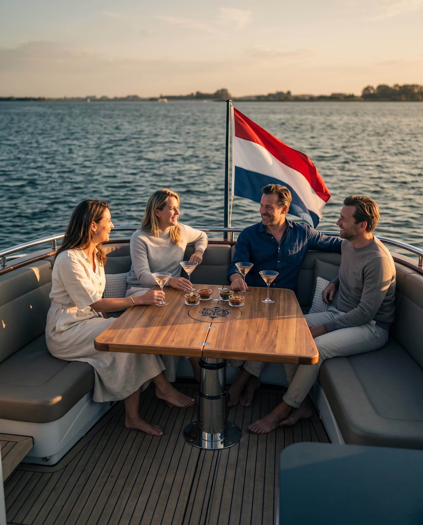Four friends at the table on board at sunset